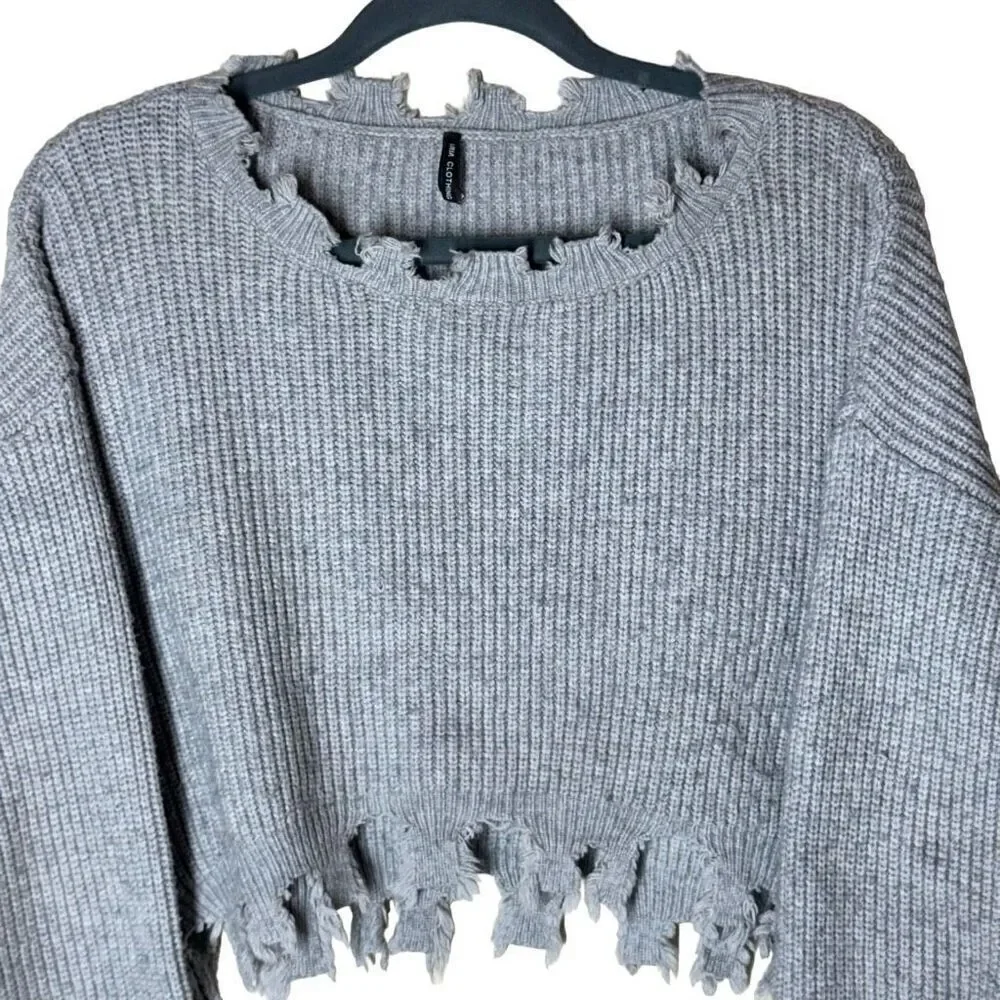Aria Clothing Cropped Distressed Hem Sweater in Grey Ribbing S